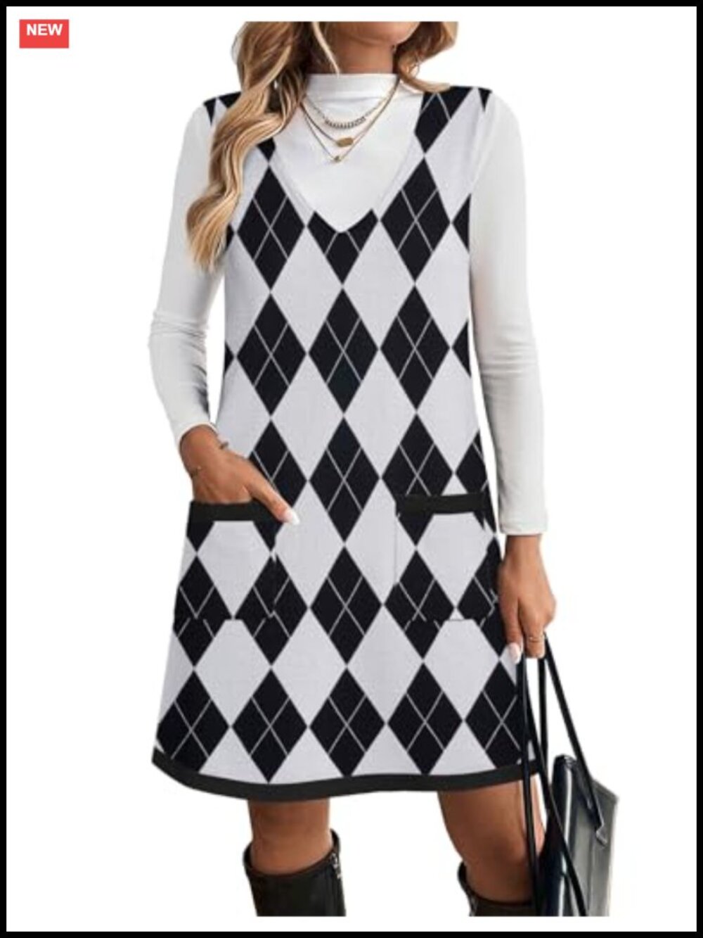 Sleeveless Knit Pullover Sweater Dress with Pockets V-Neck A-Line
